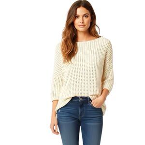 Jeanne Pierre Womens Sweater Sz Medium Ivory Cream Open Knit Slit Long Sleeve